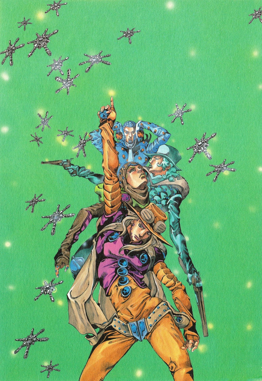 4boys absurdres aqua_coat aqua_hair aqua_hat araki_hirohiko ball beanie beard belt blue_hair blue_necktie blue_shirt brown_cape brown_hair brown_hat brown_sleeves cape coat cowboy_hat facial_hair goggles goggles_on_headwear green_background green_hair gun gyro_zeppeli handgun hat highres holding holding_ball holding_gun holding_weapon johnny_joestar jojo_no_kimyou_na_bouken magenta_magenta multiple_boys necktie non-web_source official_alternate_costume official_art orange_pants orange_sleeves pants purple_shirt revolver shirt snowflakes steel_ball_(jojo) steel_ball_run traditional_media weapon wekapipo