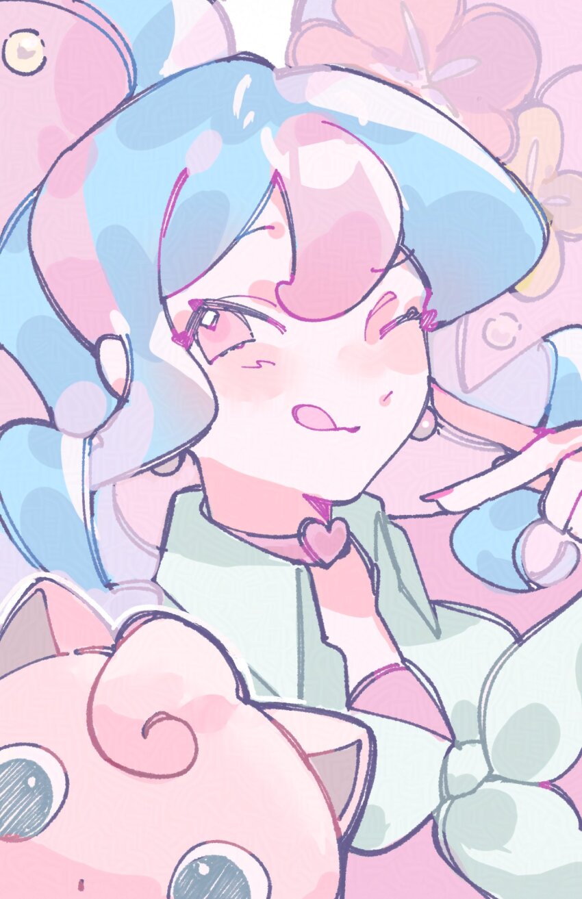 1girl blue_hair choker earrings fairy_miku_(project_voltage) flower gen_1_pokemon hair_flower hair_ornament hatsune_miku heart highres jewelry jigglypuff long_hair looking_at_viewer multicolored_hair myun_(myun_art) nail_polish nintendo one_eye_closed pink_eyes pink_hair pink_nails pink_shirt pokemon pokemon_(creature) project_voltage shirt simple_background tongue tongue_out twintails two-tone_hair very_long_hair vocaloid white_background