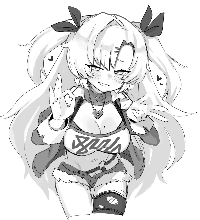 1girl absurdres blush breasts cleavage collarbone cutoffs greyscale hair_ornament hair_ribbon hairclip hands_up highres jacket juliet_sleeves lakilolom long_hair long_sleeves looking_at_viewer medium_breasts money_sign monochrome navel nicole_demara open_clothes open_jacket parted_bangs parted_lips puffy_sleeves ribbon short_shorts shorts simple_background single_thighhigh smile solo thighhighs torn_clothes torn_thighhighs two_side_up very_long_hair white_background zenless_zone_zero