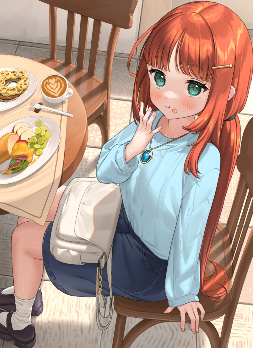 1girl alternate_costume ankle_socks apple apple_slice bag bag_on_lap black_shoes blue_gemstone blue_shirt blue_shorts chair closed_mouth coffee coffee_mug commentary contemporary cup eating food food_on_face food_request fork from_above fruit full_body gem genshin_impact glint green_eyes hair_ornament hairclip hand_up handbag highres indoors jewelry latte_art long_hair long_sleeves looking_at_viewer low_twintails mary_janes mug necklace nezhuchara nilou_(genshin_impact) on_chair plate red_hair shirt shoes shorts sitting socks solo sunlight table tablecloth tile_floor tiles twintails very_long_hair white_bag white_socks wooden_chair wooden_table