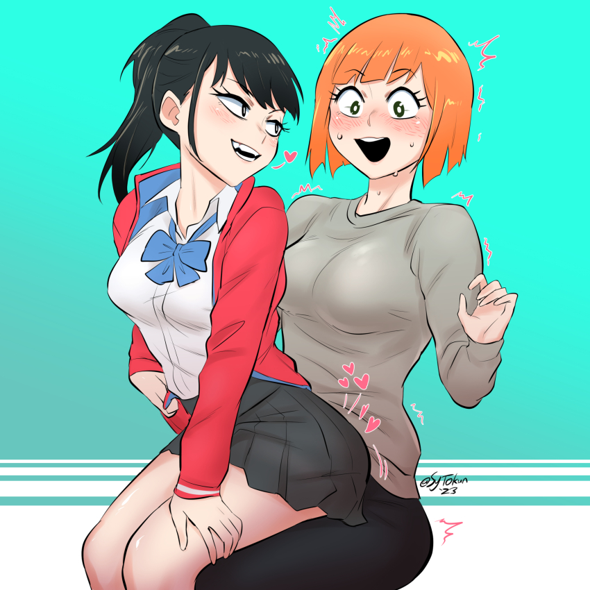 2girls black_hair black_pants black_skirt blue_bow blue_bowtie blush bow bowtie breasts commentary english_commentary girlfriend_(yoru_mac) grey_shirt grinding grinding_over_clothes hand_on_own_thigh highres jacket long_hair looking_at_another mcdonald&#039;s medium_breasts mother_(yoru_mac) multiple_girls nervous_sweating open_mouth orange_hair pants ponytail product_girl red_jacket seductive_smile sexually_suggestive shirt short_hair sitting sitting_on_lap sitting_on_person skirt smile sweat sytokun thighs white_shirt yoru_mac yuri