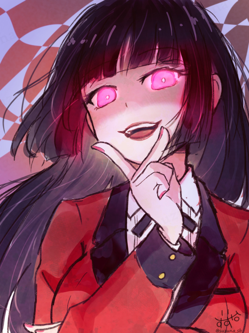 1girl abstract_background black_hair blazer blunt_bangs breasts floating_hair formal_clothes glowing glowing_eyes hand_on_own_face highres hime_cut hyakkaou_academy_school_uniform jabami_yumeko jacket kakegurui large_breasts long_hair long_sleeves looking_at_viewer open_mouth pink_eyes red_jacket red_suit school_uniform shaded_face shirt smile solo suit suzuna_mine teeth tongue twitter_username upper_teeth_only white_shirt