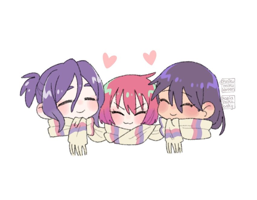 1boy 2girls amate_yuzuriha ariamikukanzaki artist_name blue_hair blush closed_eyes commentary cropped_head english_commentary gundam gundam_gquuuuuux heart multiple_girls nyaan_(gundam_gquuuuuux) purple_hair red_hair scarf shared_clothes shared_scarf short_hair shuji_ito simple_background smile twitter_username white_background