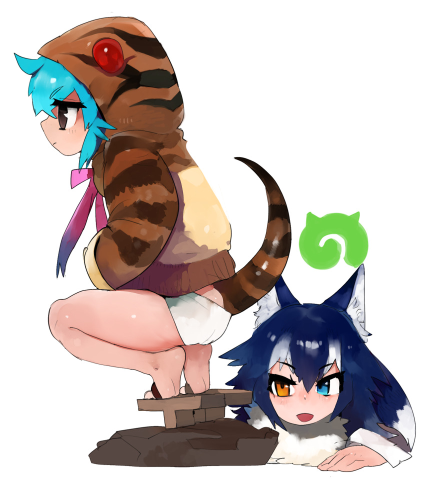 2girls :d animal_hood bad_id bad_tumblr_id blue_eyes blue_hair brown_eyes brown_tail closed_mouth frown fur_collar geta grey_wolf_(kemono_friends) heterochromia highres hood hood_up hoodie japari_symbol kemono_friends long_hair long_sleeves multicolored_hair multiple_girls open_mouth orange_eyes panties pink_ribbon raichiyo ribbon short_hair simple_background smile snake_hood snake_tail squatting striped_tail tail tail_raised tiptoes tsuchinoko_(kemono_friends) two-tone_hair underwear white_background white_hair white_panties wolf_girl