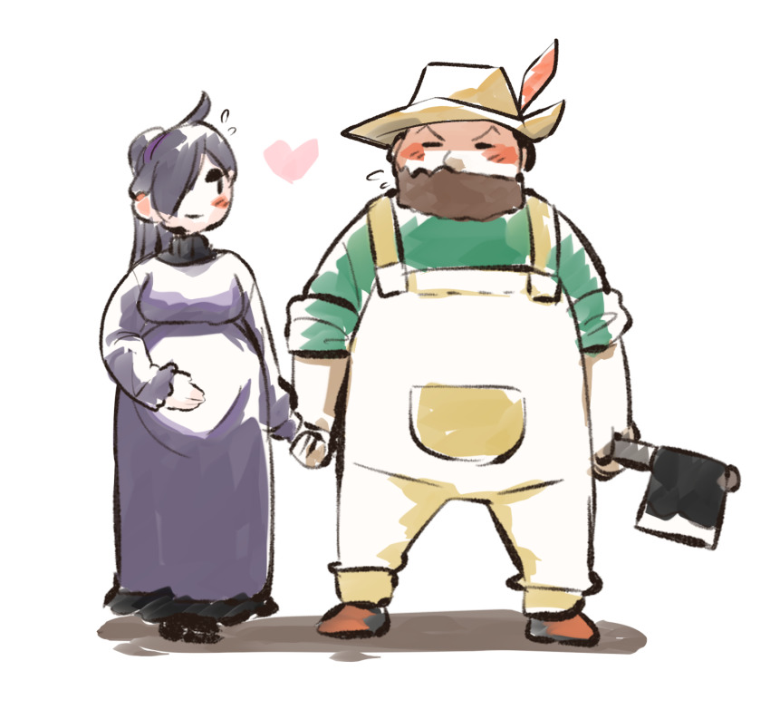 1boy 1girl axe beard black_eyes black_hair blush_stickers breasts brown_hair commentary_request cowlick dress facial_hair flying_sweatdrops green_shirt hand_on_own_stomach hat heart hetero hex_maniac_(pokemon) highres hiker_(pokemon) holding holding_axe holding_hands long_hair long_sleeves medium_breasts nintendo overalls pokemon pokemon_bdsp pokemon_xy ponytail pregnant shirt shoes smile solid_oval_eyes standing white_overalls yellow_hat yoruniyoruyoshi