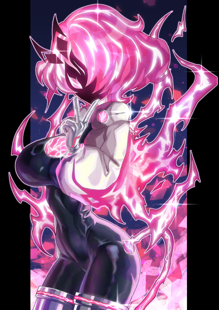 1girl absurdres black_bodysuit bodysuit breasts cropped_jacket duel_monster electricity enmo_takeshita gloves highres jacket large_breasts lightning_hair long_sleeves pink_eyes pink_hair short_hair solo spright_carrot spright_red v white_gloves yu-gi-oh!