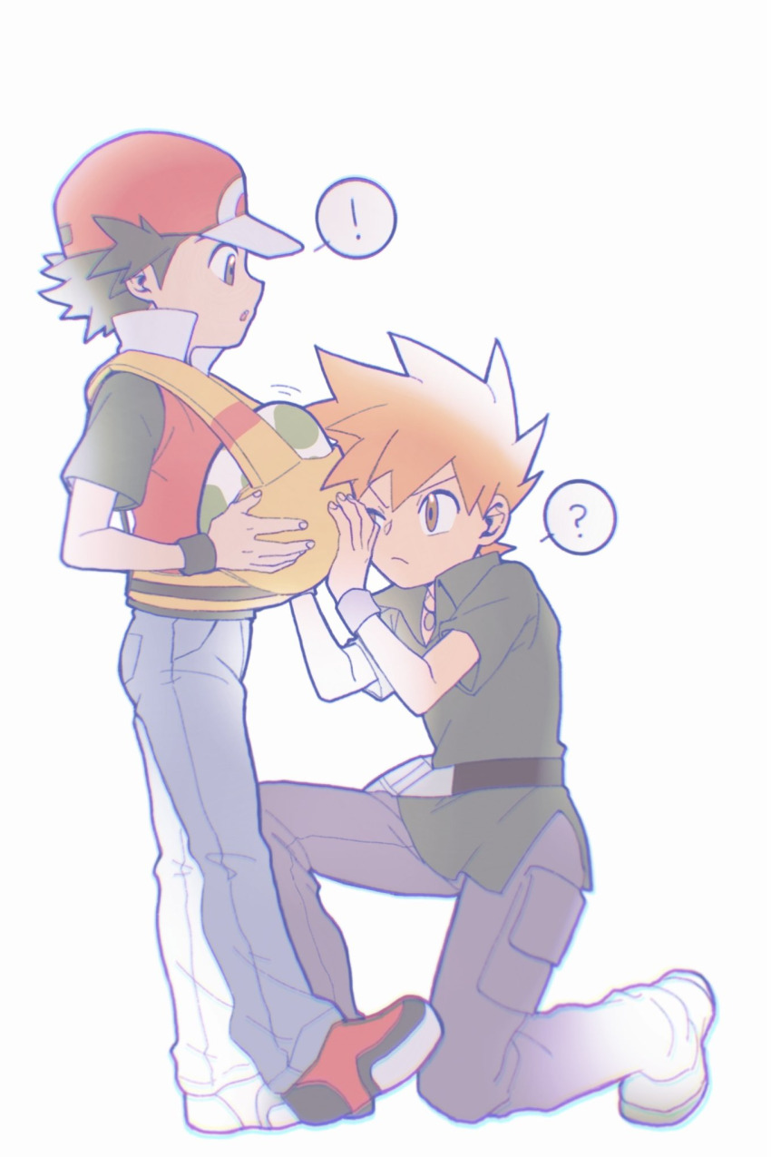 2boys blue_oak brown_eyes ca_pkmn egg hat highres kneeling male_focus multiple_boys nintendo orange_eyes orange_hair pokemon pokemon_frlg red_(pokemon)