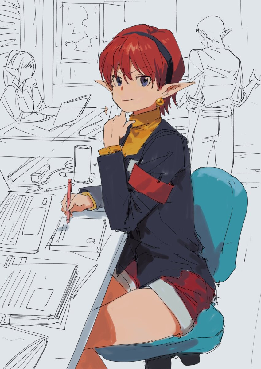 1boy 2girls aoki_(fumomo) blue_eyes chair chisato_madison closed_mouth computer desk earrings hairband highres holding holding_pen jewelry laptop looking_at_viewer multiple_girls pen pointy_ears red_hair red_shorts reporter short_hair shorts sitting sketch smile star_ocean star_ocean_the_second_story