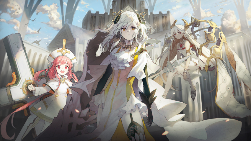 3girls alchemy_stars ascot bird black_gloves black_legwear black_sleeves blue_sky bracelet building capelet carleen_(alchemy_stars) cloud commentary_request cross dress falling_petals floating garter_straps glaring gloves hair_ornament hat highres holding holding_cross holding_weapon jewelry light_particles light_rays long_hair looking_at_viewer medium_hair multiple_girls necklace official_art open_mouth outdoors pantyhose parted_lips pelvic_curtain petals pink_eyes pink_hair raphael_(alchemy_stars) red_eyes scar scar_on_arm sky sleeveless sleeveless_dress smile soyoong_jun standing sunbeam sunlight teeth thighhighs upper_teeth_only uriel_(alchemy_stars) weapon white_ascot white_capelet white_dress white_hair white_headwear white_legwear yellow_eyes
