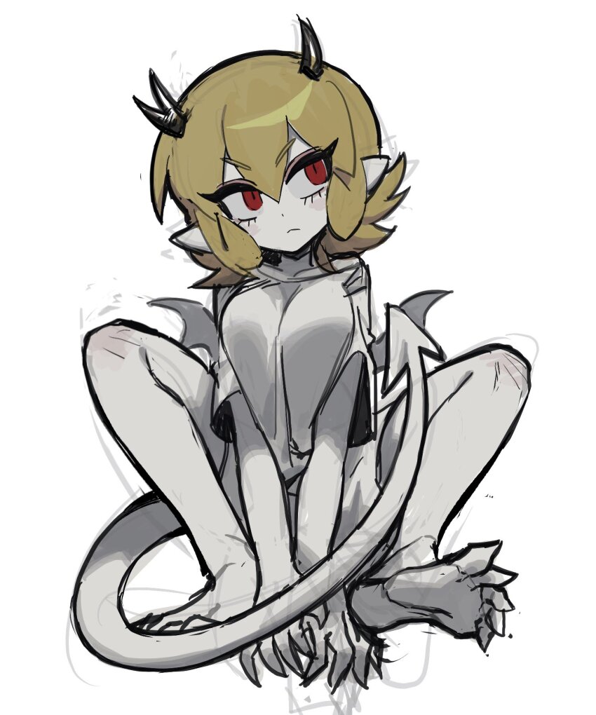 1girl arms_between_legs blonde_hair breasts breasts_squeezed_together demon_girl demon_horns demon_tail demon_wings full_body head_tilt highres horns kakke666 knees_up looking_to_the_side medium_breasts mini_wings monster_girl original pointy_ears red_eyes shirt short_hair simple_background sitting solo tail white_background wings
