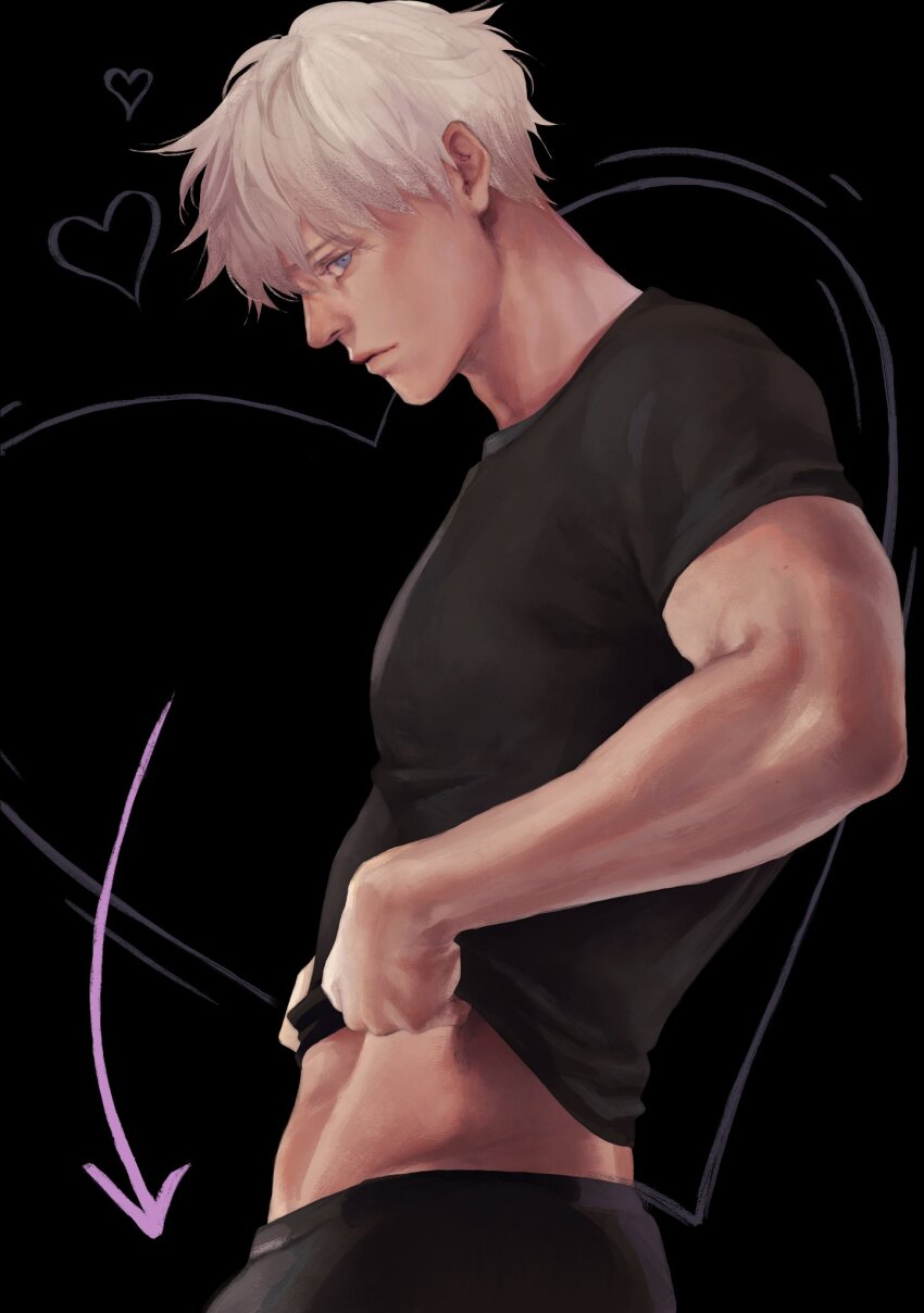 1boy 3aem black_background black_shirt blue_eyes closed_mouth commentary covered_pectorals from_side gojou_satoru highres jujutsu_kaisen lips looking_at_viewer male_focus nose pants pectorals shirt short_hair solo toned toned_male upper_body white_hair
