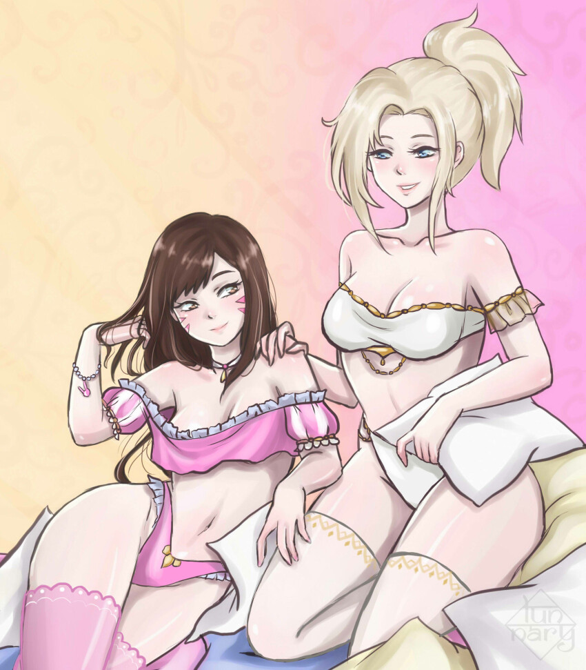 2girls bed blonde_hair blue_eyes bra bracelet breasts brown_hair choker crop_top d.va_(overwatch) facial_mark female_focus frills hand_on_another&#039;s_shoulder highres jewelry kneeling long_hair looking_at_another lunnaryart mercy_(overwatch) multiple_girls navel on_bed overwatch overwatch_1 panties pillow pink_panties ponytail strapless strapless_bra thighhighs underwear white_panties yuri