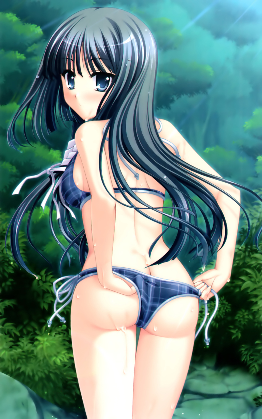 1girl adjusting_clothes adjusting_swimsuit ass bikini black_eyes black_hair blush butt_crack female_focus highres long_hair looking_back minagami_sakuya odawara_hakone plaid_bikini plaid_clothes scan side-tie_bikini_bottom solo swimsuit tasogare_no_sinsemilla very_long_hair water wet