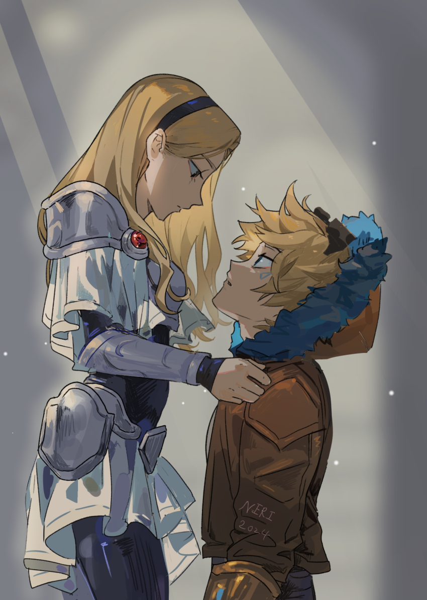 1boy 1girl 2024 armor artist_name black_bodysuit black_hairband blonde_hair bodysuit brown_jacket eye_contact ezreal from_side goggles goggles_on_head hairband highres hood hood_up hooded_jacket jacket league_of_legends long_hair long_sleeves looking_at_another looking_down looking_up lux_(league_of_legends) neri_(neri23152939) short_hair