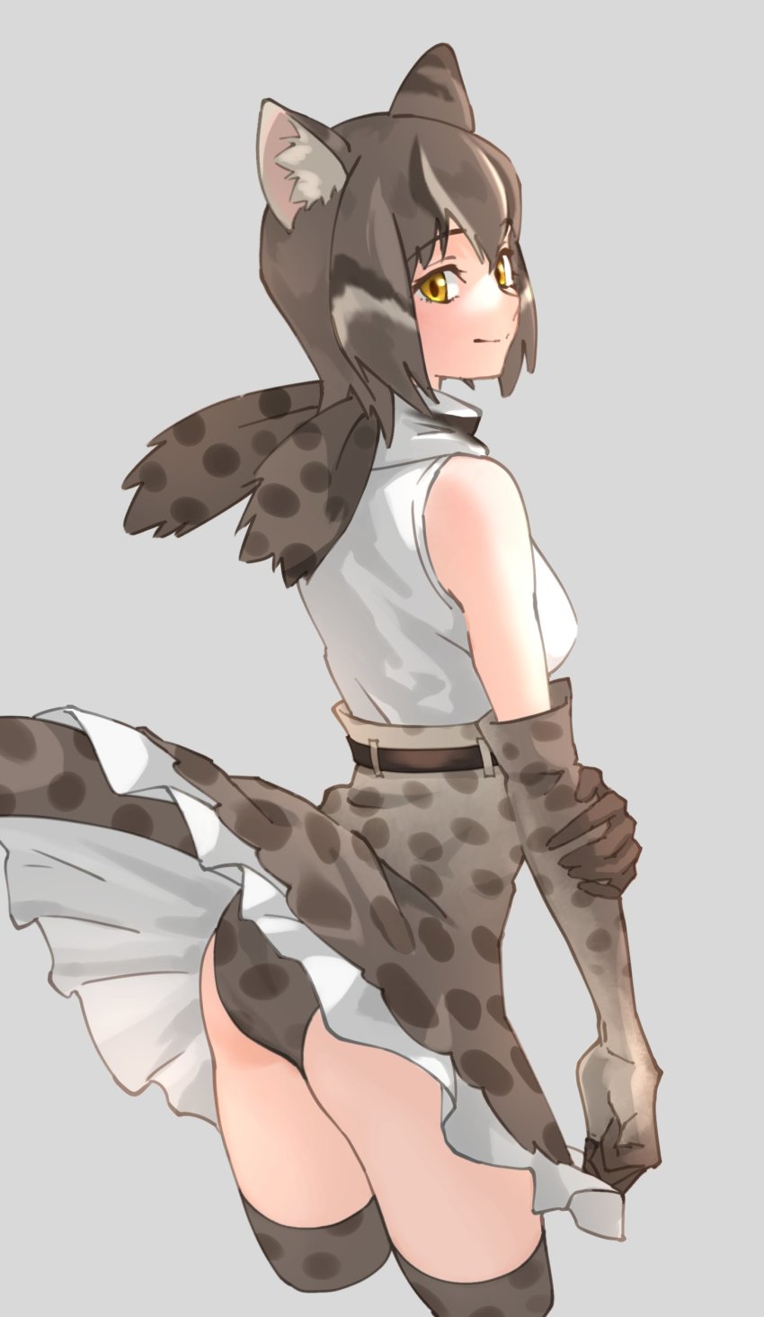 1girl absurdres animal_ear_fluff animal_ears animal_print bare_shoulders breasts brown_hair cat_ears cat_girl cat_tail clothes_lift commentary cropped_torso elbow_gloves from_behind gloves grey_background hair_between_eyes highres iriomote_cat_(kemono_friends) kemono_friends looking_back medium_breasts multicolored_hair panties print_gloves print_panties print_skirt print_thighhighs shirt short_hair simple_background skirt skirt_lift sleeveless sleeveless_shirt smile solo streaked_hair tail tanabe_(fueisei) thighhighs underwear white_hair white_shirt yellow_eyes