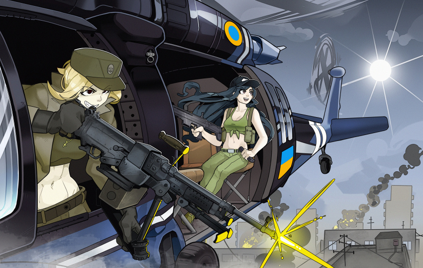 2girls abs absurdres aircraft ammunition_pouch assault_rifle azov_battalion baseball_cap belt black_gloves blonde_hair blue_hair breasts brown_eyes cityscape commentary commission cross firing flying fn_scar funkiflame gloves green_pants green_tank_top gun hat helicopter helicopter_interior highres holding holding_gun holding_weapon kraken_(japanon) kraken_regiment m240 machine_gun magazine_(weapon) manually-operated_mounted_gun marichka medium_breasts military military_hat military_operator military_vehicle multiple_girls muscular muscular_female non-web_source original pants pouch rifle russo-ukrainian_war smile smirk smoke stomach sun sunlight tank_top toned toned_female trigger_discipline tryzub uh-60_blackhawk ukraine ukrainian_commentary ukrainian_flag war weapon