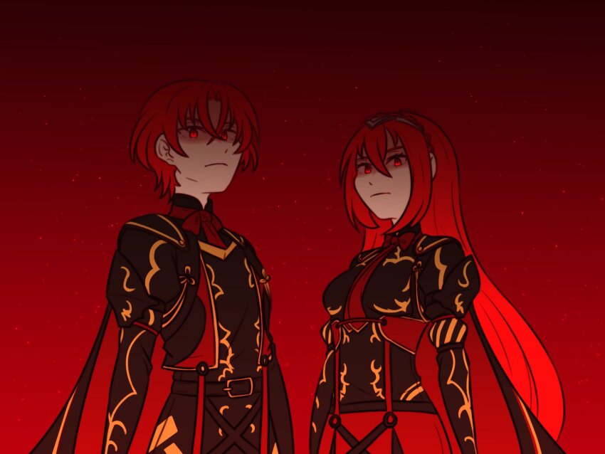 1boy 1girl black_cape cape closed_mouth crossed_bangs dark_persona female_alear_(fell_dragon)_(fire_emblem) female_alear_(fire_emblem) female_alear_(red_days_past)_(fire_emblem) fire_emblem fire_emblem_engage fire_emblem_heroes hair_between_eyes highres looking_at_viewer male_alear_(fell_dragon)_(fire_emblem) male_alear_(fell_dragon_child)_(fire_emblem) male_alear_(fire_emblem) male_focus nintendo official_alternate_color official_alternate_eye_color red_eyes red_hair short_hair solo upper_body zefirart
