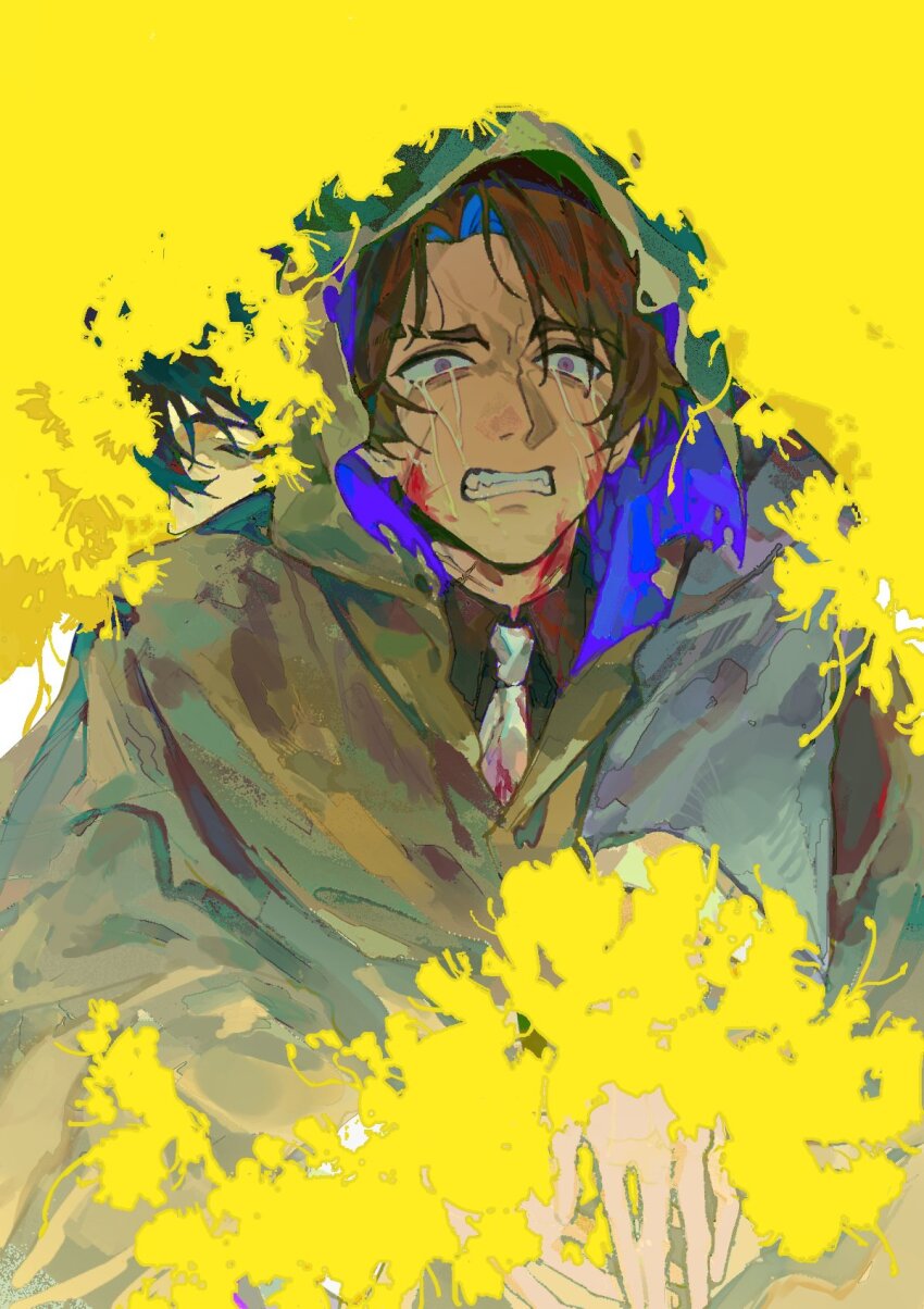 2boys arm_around_shoulder baihuahua5441 black_hair black_shirt blood blood_on_clothes blood_on_face brown_cloak brown_hair clenched_teeth cloak closed_eyes collared_shirt commentary crying crying_with_eyes_open dark-skinned_male dark_skin e.g.o_(project_moon) english_commentary fangs flower grey_hanbok hanbok heathcliff_(project_moon) highres korean_clothes limbus_company long_sleeves looking_ahead male_focus medium_hair multiple_boys necktie project_moon purple_eyes scar scar_on_face shirt sunshower_(e.g.o) tears technology_liberation_alliance_(identity)_(project_moon) teeth torn_clothes upper_body white_necktie wide_sleeves yellow_flower yi_sang_(project_moon)