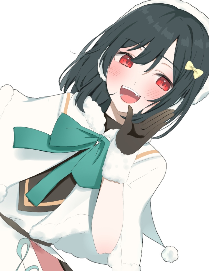 1girl beret black_gloves black_hair blush bow capelet colorful_dreams!_colorful_smiles!_(love_live!) dutch_angle earmuffs ebifuraaaaai fur-trimmed_capelet fur_trim gloves green_bow hair_ribbon hat highres looking_at_viewer love_live! love_live!_nijigasaki_high_school_idol_club mifune_shioriko open_mouth red_eyes ribbon short_hair solo teeth upper_body upper_teeth_only white_background white_capelet white_hat yellow_ribbon