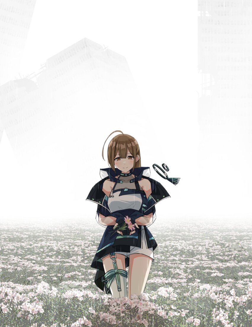 1girl ahoge bare_shoulders birthday blue_jacket blurry blurry_background blush breasts brown_eyes brown_hair building center-flap_bangs closed_mouth commentary_request dot_nose field flower flower_field full_body garter_straps grass halter_shirt halterneck hands_up highres holding holding_flower idol idol_clothes idolmaster idolmaster_shiny_colors jacket jtangc kuwayama_chiyuki large_breasts looking_at_viewer official_alternate_costume open_clothes open_jacket outdoors pink_flower rain ruins shirt short_sleeves shorts sidelocks single_thighhigh skyscraper smile solo split_mouth standing straight-on straight_hair tall_grass thighhighs white_flower white_shirt white_shorts white_thighhighs