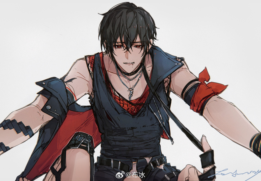1boy armband ayn_alwyn bare_shoulders belt biting_own_lip black_belt black_collar black_hair black_jacket black_pants black_tank_top blush bubing collar fang female_pov fishnet_top fishnets hair_between_eyes hetero highres holding holding_leash jacket jewelry knee_up leash looking_at_viewer lovebrush_chronicles male_focus mask muzzle_(mask) off_shoulder open_clothes open_fly open_jacket pants pendant pov pov_hands red_armband red_eyes red_jacket red_undershirt short_hair sleeveless sleeveless_jacket solo_focus straight-on tank_top two-sided_fabric two-sided_jacket undershirt unworn_mask viewer_holding_leash white_background yukadon