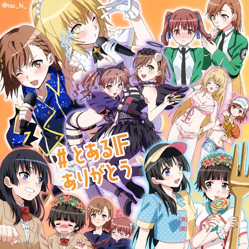 5girls animal_ears asymmetrical_bangs baseball_cap bikini black_dress black_hair black_necktie blazer blonde_hair blue_sailor_collar bow bowtie braid breasts brown_eyes brown_hair brown_jacket candy capelet cleavage collage cosplay costume_switch cropped_shirt dress electricity electrokinesis fake_animal_ears fake_halo first_high_school_uniform flower food fork giant_fork gloves green_jacket hair_flower hair_ornament halo hat head_wreath highres holding holding_candy holding_food holding_fork holding_lollipop holding_microphone holding_water_gun idol_clothes jacket lollipop long_hair long_sleeves mahouka_koukou_no_rettousei medium_breasts medium_hair microphone misaka_mikoto multiple_girls navel neckerchief necktie official_alternate_costume orange_background pink_bikini purple_capelet red_bow red_bowtie red_neckerchief sailor_collar sakugawa_school_uniform saten_ruiko school_uniform serafuku shirai_kuroko shirt shokuhou_misaki short_hair sparkling_eyes swimsuit tac_hi toaru_kagaku_no_railgun toaru_majutsu_no_index toaru_majutsu_no_index:_imaginary_fest tokiwadai_school_uniform twintails uiharu_kazari v visor_cap water_gun white_gloves white_shirt winter_uniform yellow_eyes
