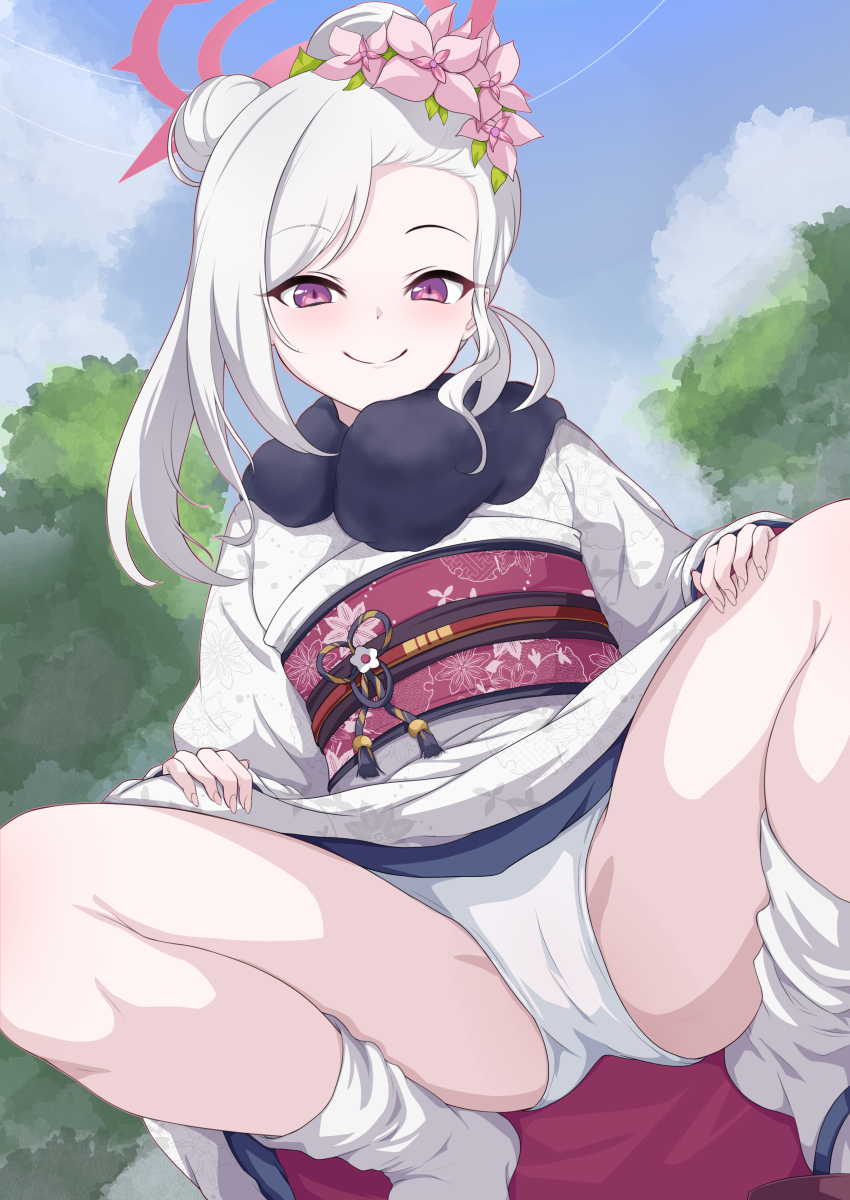 1girl absurdres blue_archive blue_sky breasts cloud commentary_request day fingernails flower hair_flower hair_ornament halo highres japanese_clothes kimono long_sleeves looking_at_viewer maimuu medium_hair mutsuki_(blue_archive) mutsuki_(new_year)_(blue_archive) obi official_alternate_costume outdoors panties pink_eyes pink_flower red_halo sash sky small_breasts socks solo squatting underwear white_kimono white_panties white_socks