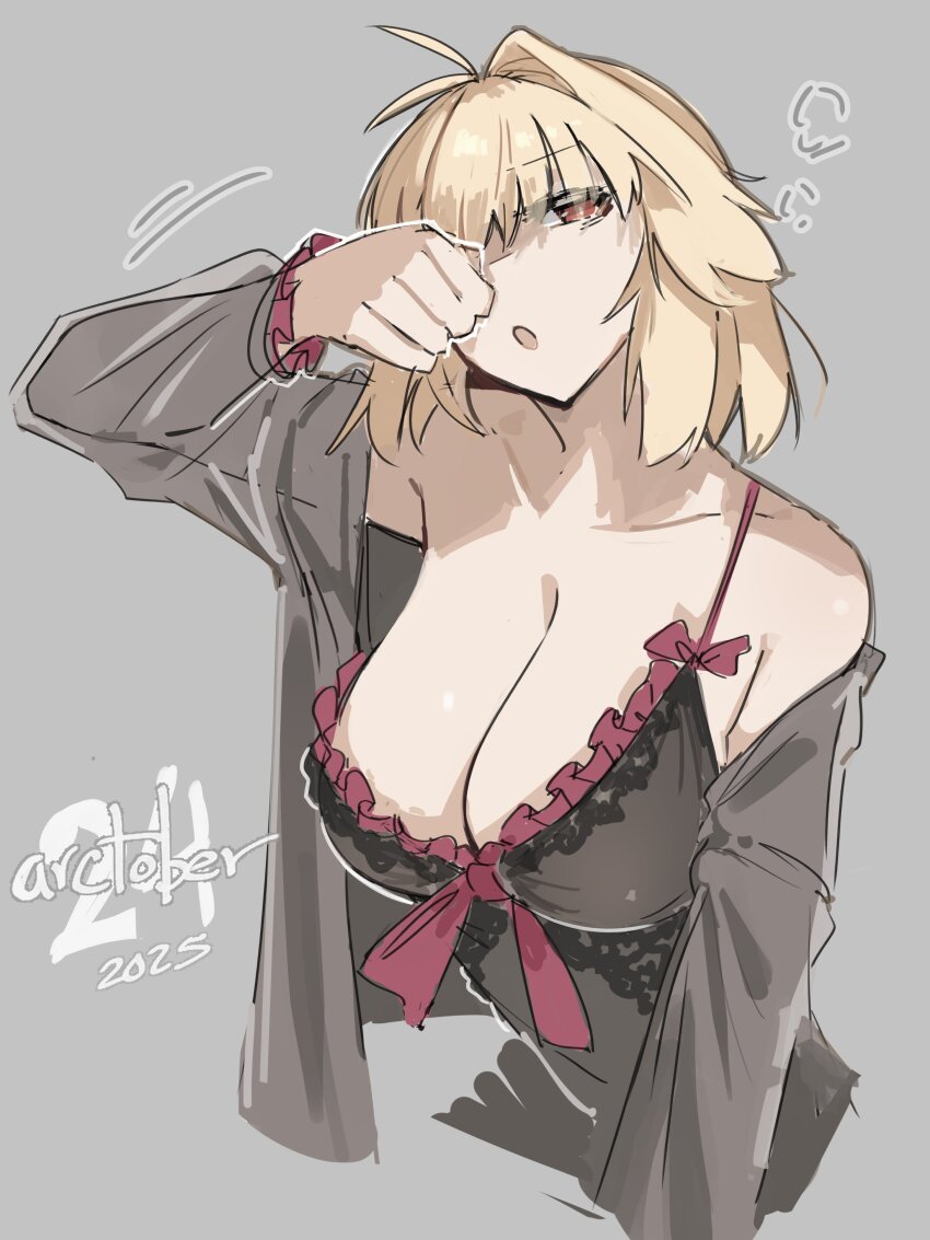 1girl absurdres arcueid_brunestud bare_shoulders black_dress blonde_hair breasts cleavage collarbone dated dress grey_background highres jonyeld large_breasts red_eyes short_hair simple_background solo tsukihime
