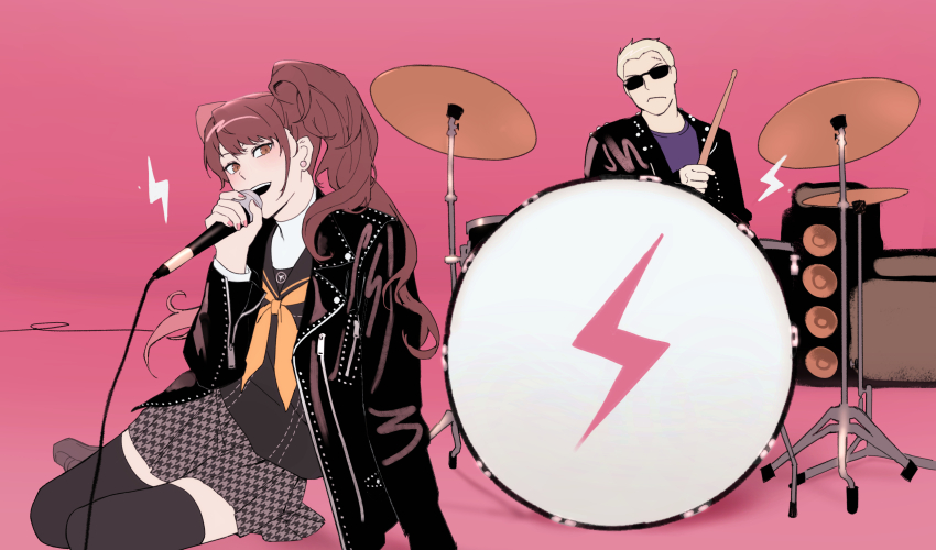 1boy 1girl absurdres apt._(rose_&amp;_bruno_mars) arm_support black_jacket black_sailor_collar black_shirt black_thighhighs brown_eyes brown_footwear closed_mouth cymbals diyu_1004 drum drum_set drumsticks earrings grey_hair grey_skirt hand_up highres holding holding_drumsticks holding_microphone houndstooth instrument jacket jewelry kujikawa_rise leather leather_jacket loafers long_hair long_sleeves looking_at_viewer microphone music nail_polish neckerchief open_mouth orange_neckerchief parody persona persona_4 pink_background pink_nails playing_instrument pleated_skirt purple_shirt red_hair sailor_collar scar scar_on_face scar_on_forehead school_uniform serafuku shirt shoes short_hair singing sitting skirt smile stud_earrings sunglasses tatsumi_kanji teeth thighhighs turtleneck turtleneck_shirt twintails upper_teeth_only white_shirt yasogami_school_uniform yokozuwari