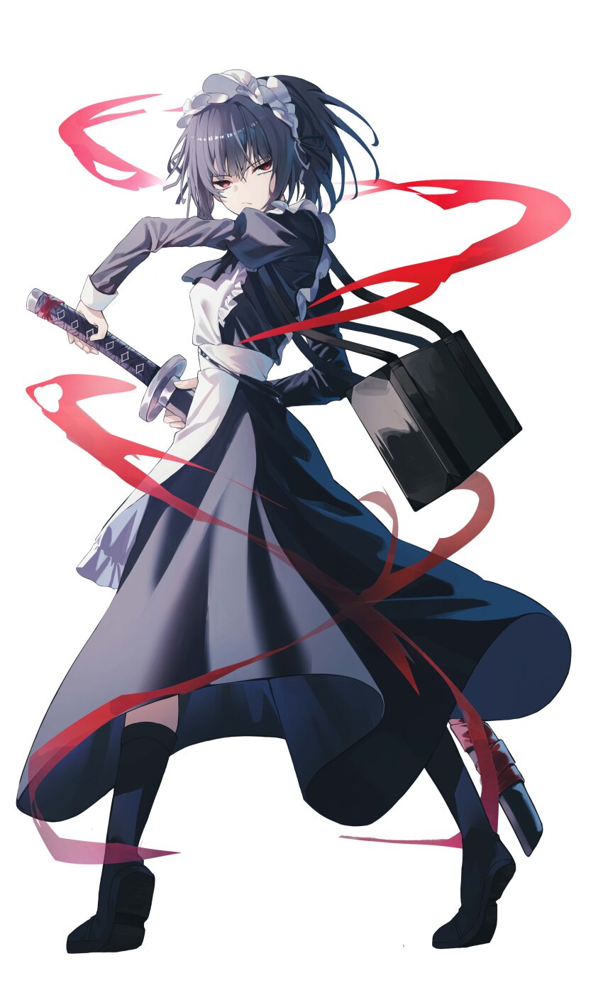 1girl absurdres apron black_dress black_hair black_shoes black_socks dress full_body highres holding holding_sword holding_weapon hongme_26 juliet_sleeves limbus_company long_hair long_sleeves looking_at_viewer maid_apron maid_headdress ponytail project_moon puffy_sleeves red_eyes ryoshu_(project_moon) shoes simple_background socks solo standing sword weapon white_apron white_background wuthering_heights_(identity)_(project_moon)