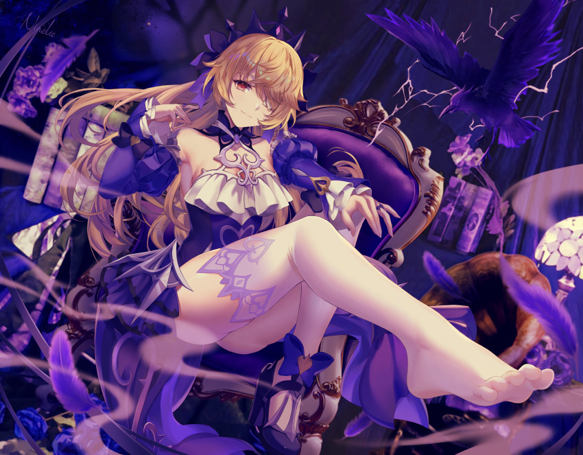 1girl absurdres alternate_eye_color bare_shoulders barefoot bat_ornament bird black_shoes blonde_hair breasts choker chuunibyou cosplay crow detached_sleeves dress eyepatch feet fischl_(ein_immernachtstraum)_(genshin_impact) fischl_(ein_immernachtstraum)_(genshin_impact)_(cosplay) fischl_(genshin_impact) frills gem genshin_impact hair_over_one_eye hair_ribbon highres jewelry knees_together_feet_apart legs long_hair long_sleeves medium_breasts ninelie no_panties official_alternate_costume official_alternate_eye_color oz_(genshin_impact) pantyhose purple_choker purple_dress purple_gemstone purple_ribbon purple_sleeves red_eyes ribbon shoes single_leg_pantyhose smile soles solo thighhighs thighs tiara toes white_pantyhose white_thighhighs