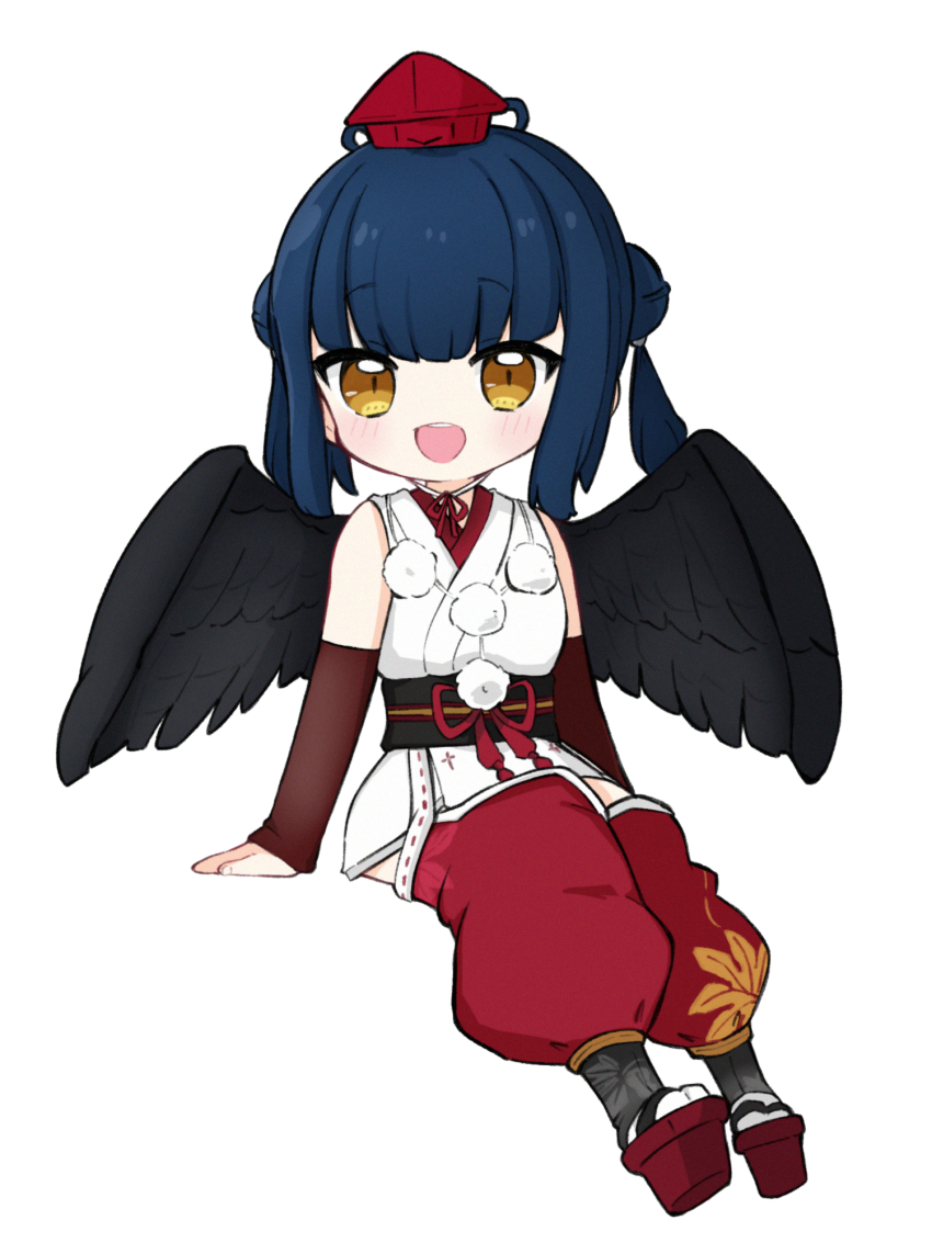 1girl :d arm_support bare_shoulders black_wings blue_hair brown_eyes chibi commentary_request detached_pants double_bun feathered_wings full_body geta hair_bun hat highres japanese_clothes kimono looking_at_viewer mini_hat nijisanji nozo_(hitomiz) open_mouth pants puffy_pants red_hat red_pants red_sandals sandals simple_background sitting sleeveless sleeveless_kimono smile solo tengu-geta tokin_hat twintails virtual_youtuber white_background white_kimono wings yamagami_karuta