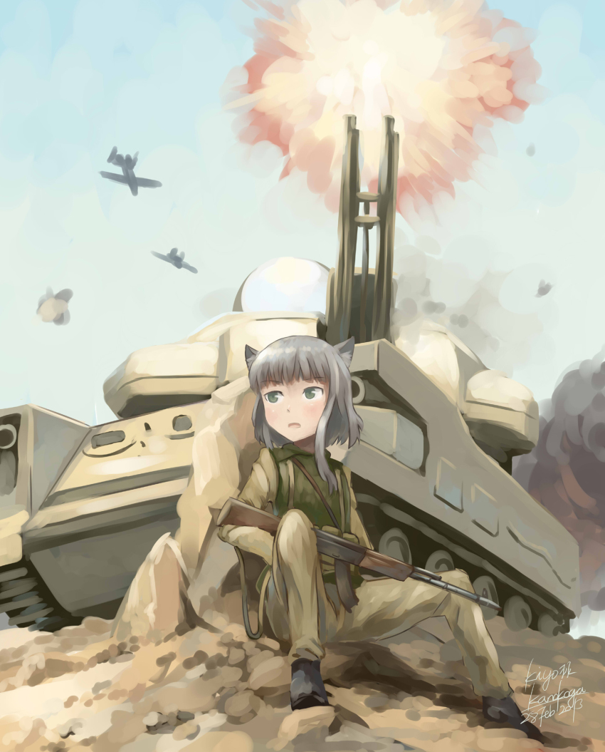 1girl 2a7_autocannon a-10 a-10_thunderbolt_ii aircraft airplane ak-74 ak-74_(upotte!!) animal_ears anti-aircraft anti-aircraft_gun armored_vehicle artist_name assault_rifle attack_aircraft autocannon battle bomber cannon cat_ears caterpillar_tracks close_air_support dated firing flak_jacket flying green_eyes gun gun_sling gunship highres jacket kalashnikov_rifle kanokoga military military_uniform military_vehicle motor_vehicle radar_dish rifle self-propelled_anti-aircraft-gun self-propelled_anti-aircraft_weapon self-propelled_gun silver_hair smoke tank turret upotte!! vehicle_focus war weapon zsu-23-4