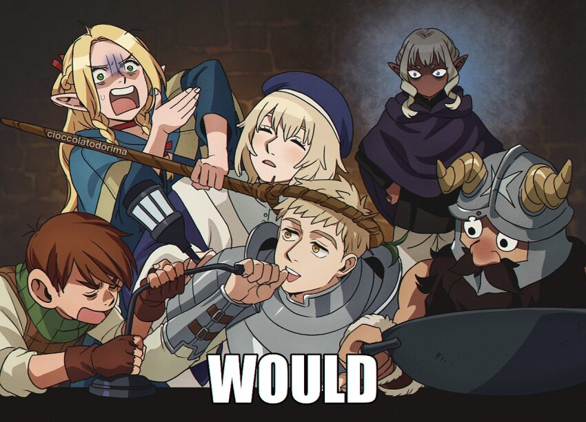 2girls 4boys ambrosia_(dungeon_meshi) armor artist_name beard beard_over_mouth beret blonde_hair blue_headwear brown_hair chilchuck_tims cioccolatodorima closed_eyes commentary dungeon_meshi dwarf english_commentary everyone facial_hair fake_horns falin_touden halfling hat helmet holding holding_microphone holding_staff horned_helmet horns impact_(font) laios_touden leather_armor long_beard looking_at_another mage_staff marcille_donato meme microphone multiple_boys multiple_girls mustache photo-referenced senshi_(dungeon_meshi) short_hair siblings staff thick_mustache thistle_(dungeon_meshi) upper_body very_long_beard wok would_(meme)
