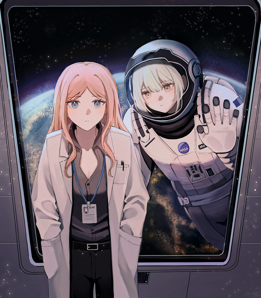 2girls astronaut bang_dream! bang_dream!_it&#039;s_mygo!!!!! blue_eyes blush brown_hair closed_mouth coat collared_shirt commentary_request crimiko earth_(planet) eyelashes from_front from_inside hands_in_pockets helmet highres lanyard long_hair long_sleeves looking_at_another multiple_girls nagasaki_soyo open_clothes open_coat planet shirt sidelocks space space_helmet spacesuit wakaba_mutsumi white_coat window yellow_eyes