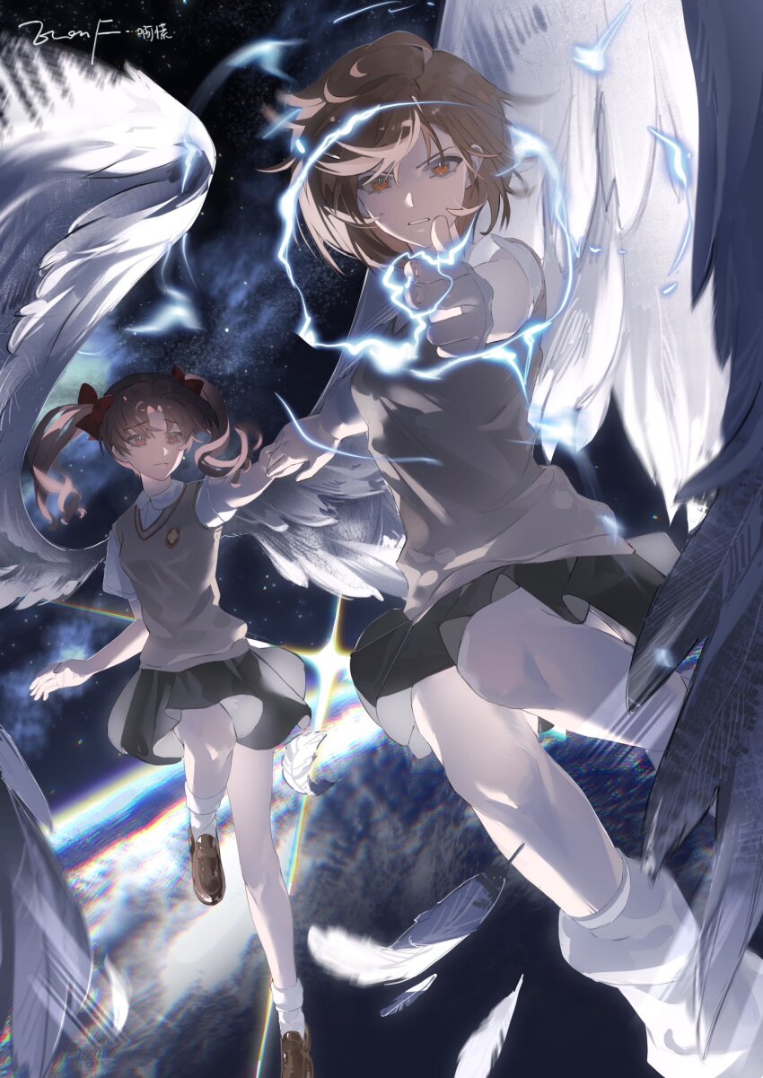 2girls aiming aiming_at_viewer angel_wings bow brown_eyes brown_footwear brown_hair brown_sweater_vest collared_shirt commentary_request earth_(planet) electricity electrokinesis evenf feathered_wings grey_skirt hair_bow highres holding_hands in_orbit long_hair loose_socks miniskirt misaka_mikoto multiple_girls planet pleated_skirt railgun_(misaka_mikoto) red_bow scene_reference school_emblem school_uniform shirai_kuroko shirt short_sleeves signature skirt socks space summer_uniform sweater_vest toaru_kagaku_no_railgun toaru_majutsu_no_index tokiwadai_school_uniform twintails v-neck white_shirt white_socks white_wings wings
