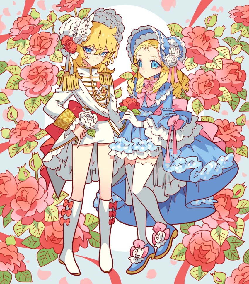 2girls blonde_hair blue_dress blue_eyes blue_headdress boots bow bowtie dress drill_hair feathers flower full_body gloves hair_ribbon hat_feather highres holding holding_flower jacket knee_boots layered_dress long_hair long_sleeves marie_antoinette_(versailles_no_bara) meremero multiple_girls oscar_francois_de_jarjayes pink_bow pink_bowtie pink_flower pink_ribbon ribbon short_dress short_shorts shorts standing thighhighs versailles_no_bara white_boots white_feathers white_gloves white_jacket white_shorts white_thighhighs zettai_ryouiki