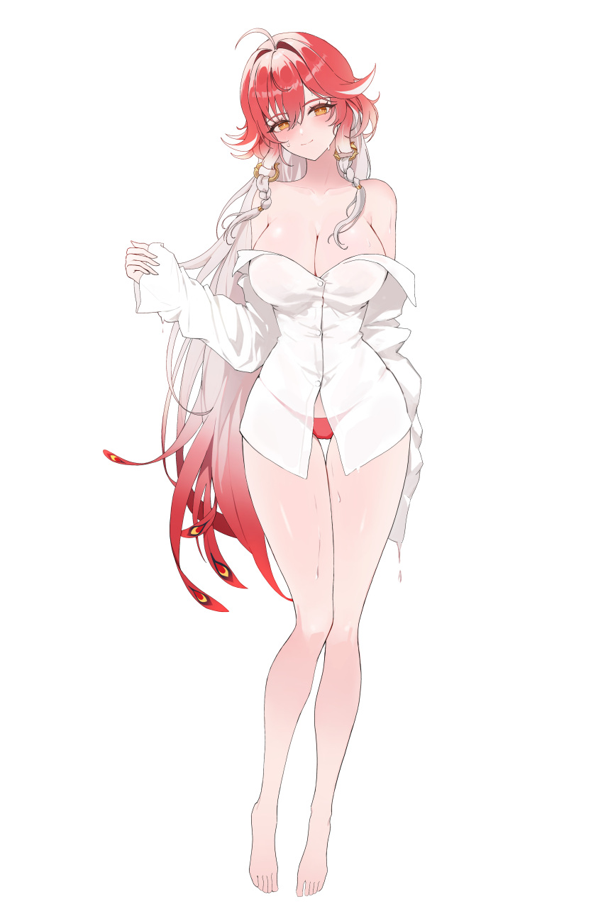 1girl absurdres ahoge alternate_costume bare_legs bare_shoulders barefoot braid breasts bright_pupils changli_(wuthering_waves) cleavage closed_mouth clothes_down collarbone commentary feather_hair feet full_body gozero gradient_hair hair_down hair_extensions highres large_breasts legs long_hair long_sleeves looking_at_viewer multicolored_hair orange_eyes panties pink_hair red_panties ring_hair_extensions shirt simple_background sleeves_past_wrists smile solo sweat thigh_gap toes twin_braids underwear very_long_hair white_background white_hair white_pupils white_shirt wuthering_waves