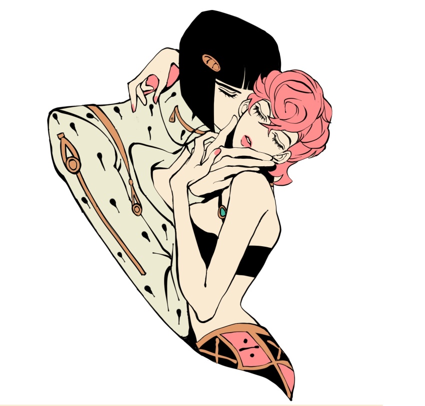 1boy 1girl argyle_clothes argyle_sweater bob_cut bruno_bucciarati clamchowder55 closed_eyes hair_ornament hairclip highres jojo_no_kimyou_na_bouken kiss kissing_cheek pink_hair polka_dot polka_dot_hair simple_background sweater trish_una vento_aureo zipper zipper_pull_tab