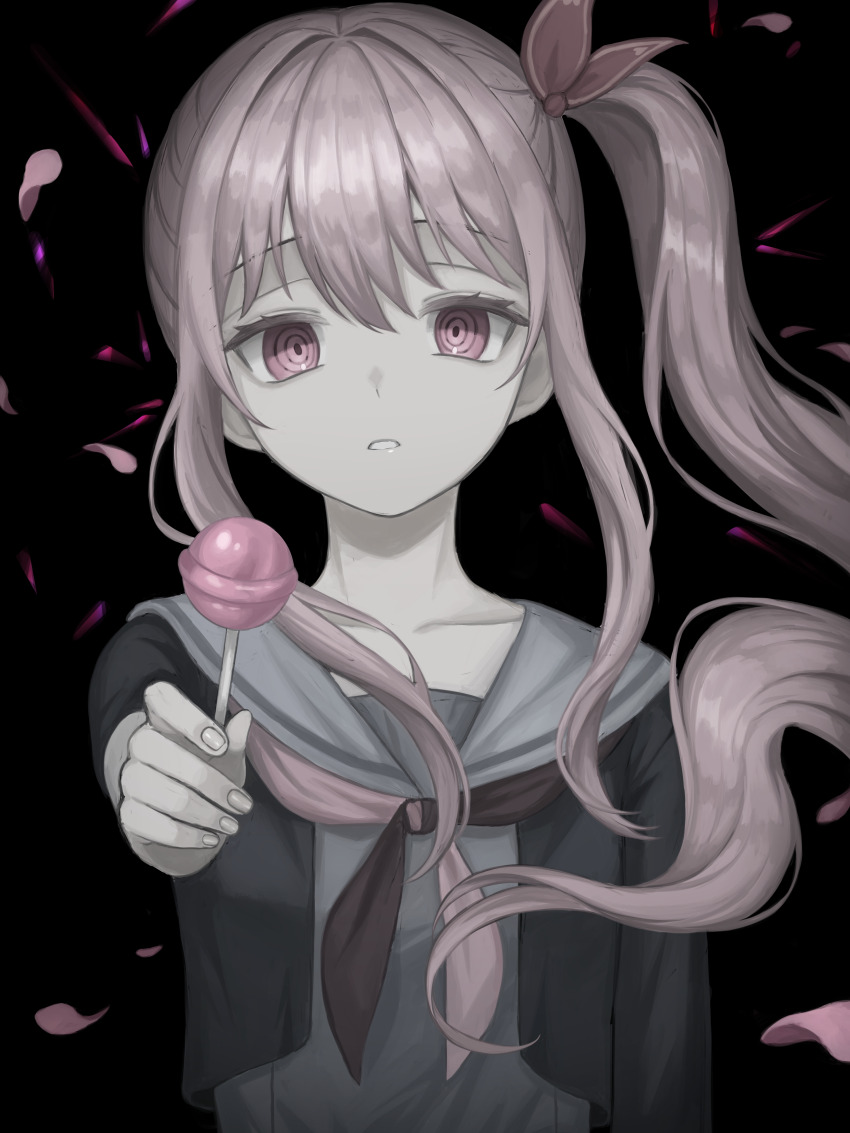 1other absurdres akiyama_mizuki black_background black_jacket candy collarbone commentary cropped_jacket falling_petals food grey_sailor_collar grey_shirt hair_intakes hair_ribbon highres holding holding_candy holding_food holding_lollipop jacket kkamkkam lollipop long_hair long_sidelocks long_sleeves looking_at_viewer neckerchief parted_lips petals pink_eyes pink_hair pink_petals project_sekai ribbon ringed_eyes sailor_collar school_uniform serafuku shirt side_ponytail sidelocks solo symbol-only_commentary two-tone_neckerchief upper_body