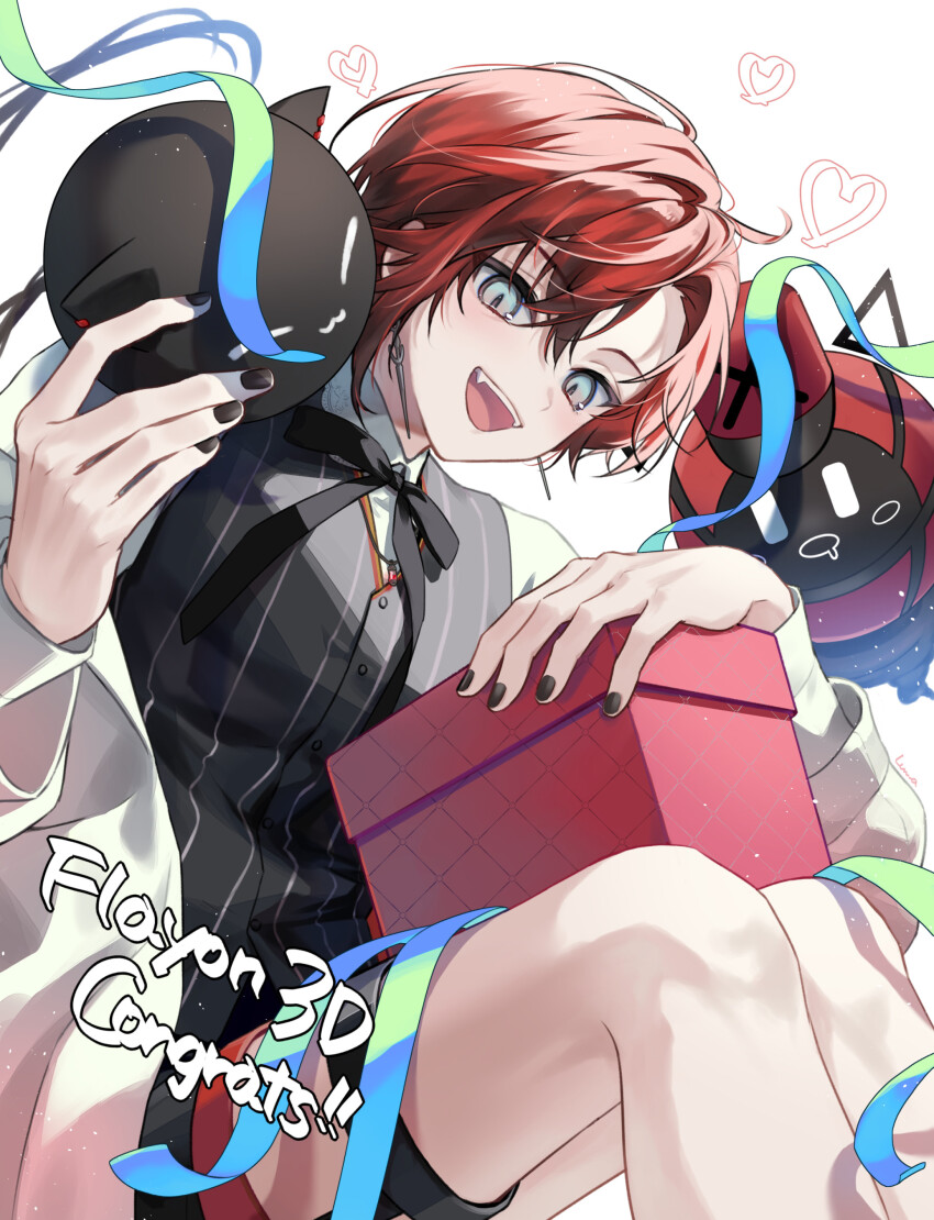 1boy absurdres alternate_costume bishounen black_nails black_ribbon black_shorts blue_ribbon character_name commentary_request congratulations creature creature_on_shoulder earrings english_text floating_earrings gift hair_between_eyes happy heart highres holding holding_gift holostars holostars_english jacket jewelry knees light_particles looking_at_viewer luma8b machina_x_flayon machiroon_(machina_x_flayon) male_focus nail_polish neck_ribbon on_shoulder open_mouth r-trus_(machina_x_flayon) red_hair ribbon short_hair shorts sitting slit_pupils smile solo virtual_youtuber