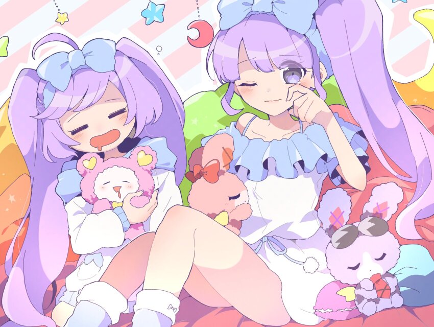 2girls =_= blue_bow blue_hairband blush bow camisole collarbone crescent eyewear_on_head frilled_camisole frills hair_bow hairband highres holding hood hood_down hoodie kuma_(pripara) long_hair looking_at_viewer manaka_laala manaka_non multiple_girls nojima_minami pretty_series pripara red_bow siblings side_ponytail sisters sitting star_(symbol) sunglasses twintails usagi_(pripara) very_long_hair wavy_mouth white_camisole white_hoodie