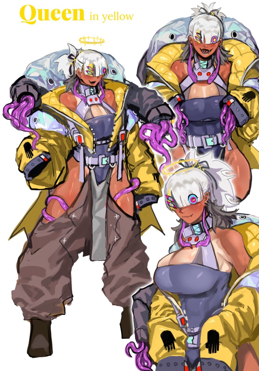 1girl baggy_pants bare_shoulders breasts cleavage clothing_cutout dark-skinned_female dark_skin english_text extra_eyes halo highres jacket large_breasts long_sleeves multicolored_eyes off_shoulder open_clothes open_jacket original pants ponytail sfour_s4 smile solo standing tan tanline tentacles thigh_cutout thighs white_hair yellow_jacket