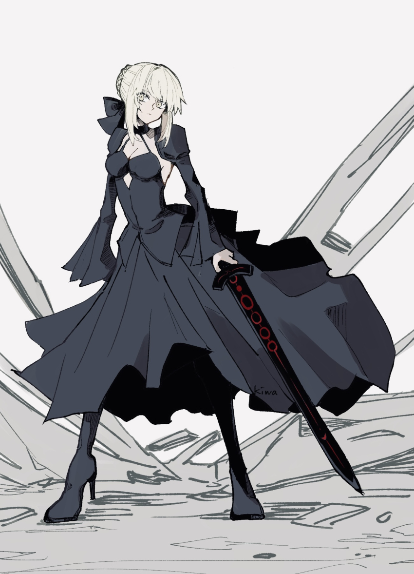 1girl artoria_pendragon_(fate) black_dress blonde_hair braid breasts cleavage clothing_cutout dress excalibur_morgan_(fate) fate/grand_order fate_(series) hair_bun hair_ribbon highres holding holding_sword holding_weapon ki_wa001 long_sleeves looking_at_viewer medium_breasts puffy_sleeves ribbon saber_alter saber_alter_(third_ascension) short_hair single_hair_bun solo sword weapon white_background yellow_eyes