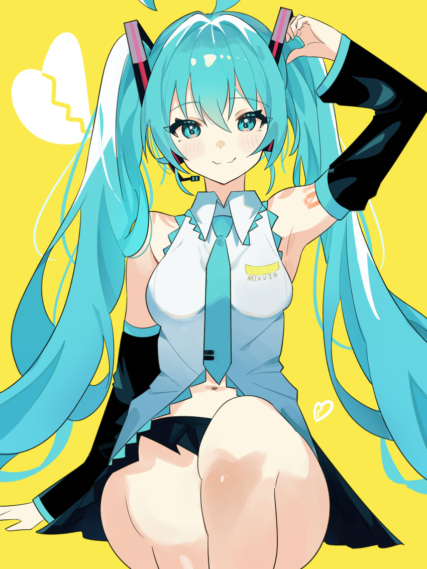 1girl 39 absurdres ahoge black_skirt black_sleeves blue_eyes blue_hair blue_necktie blush broken_heart character_name clothes_writing coco_irasuto collared_shirt commentary detached_sleeves hatsune_miku heart highres invisible_chair long_hair long_sleeves necktie paid_reward_available pleated_skirt shirt simple_background sitting skirt sleeveless sleeveless_shirt smile solo symbol-only_commentary twintails upper_body very_long_hair vocaloid yellow_background