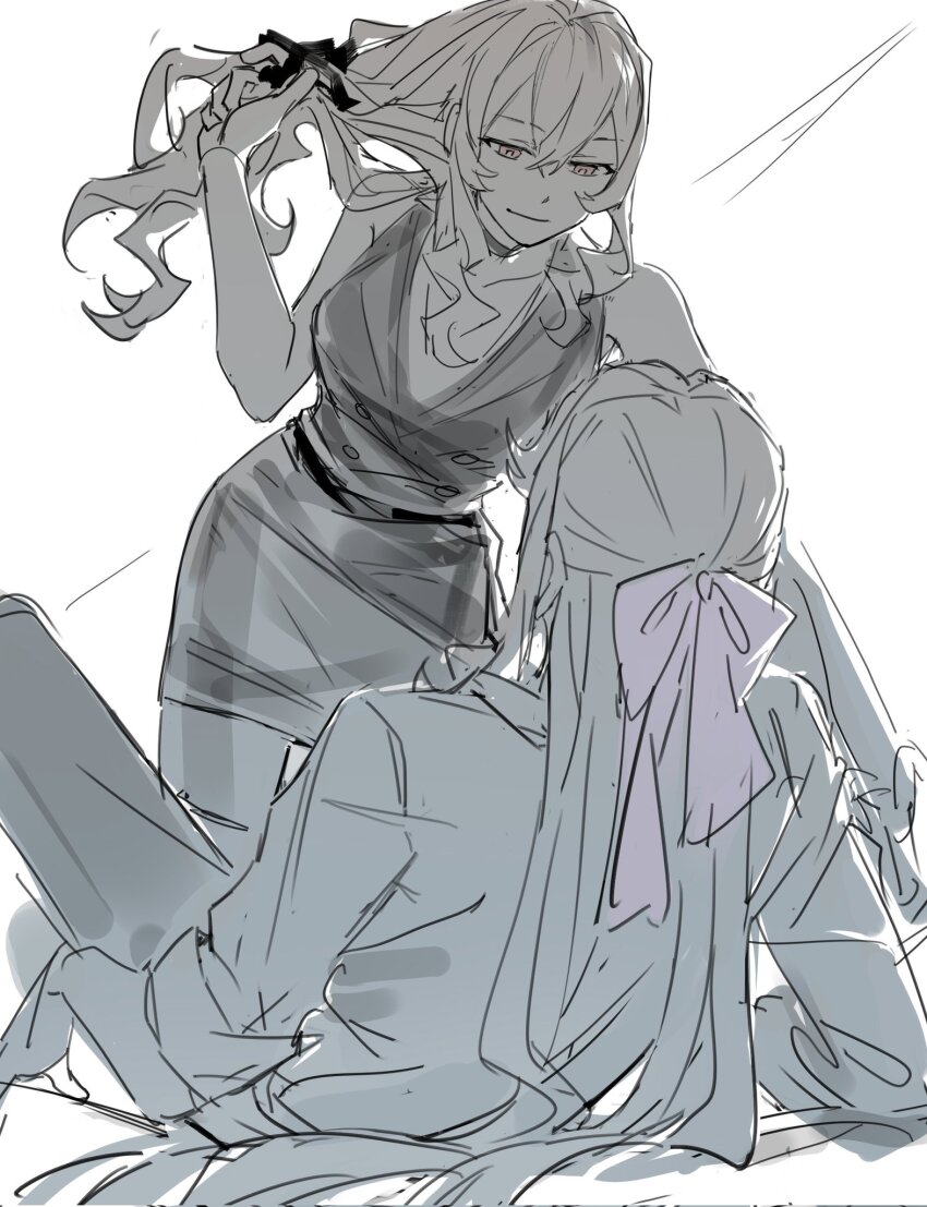 2girls bare_arms between_legs closed_mouth collared_shirt greyscale hair_ribbon highres long_hair monochrome mordred_kui multiple_girls purple_ribbon ribbon saijou_claudine shirt shoujo_kageki_revue_starlight skirt sleeves_rolled_up smile spot_color tendou_maya untying_hair vest yuri