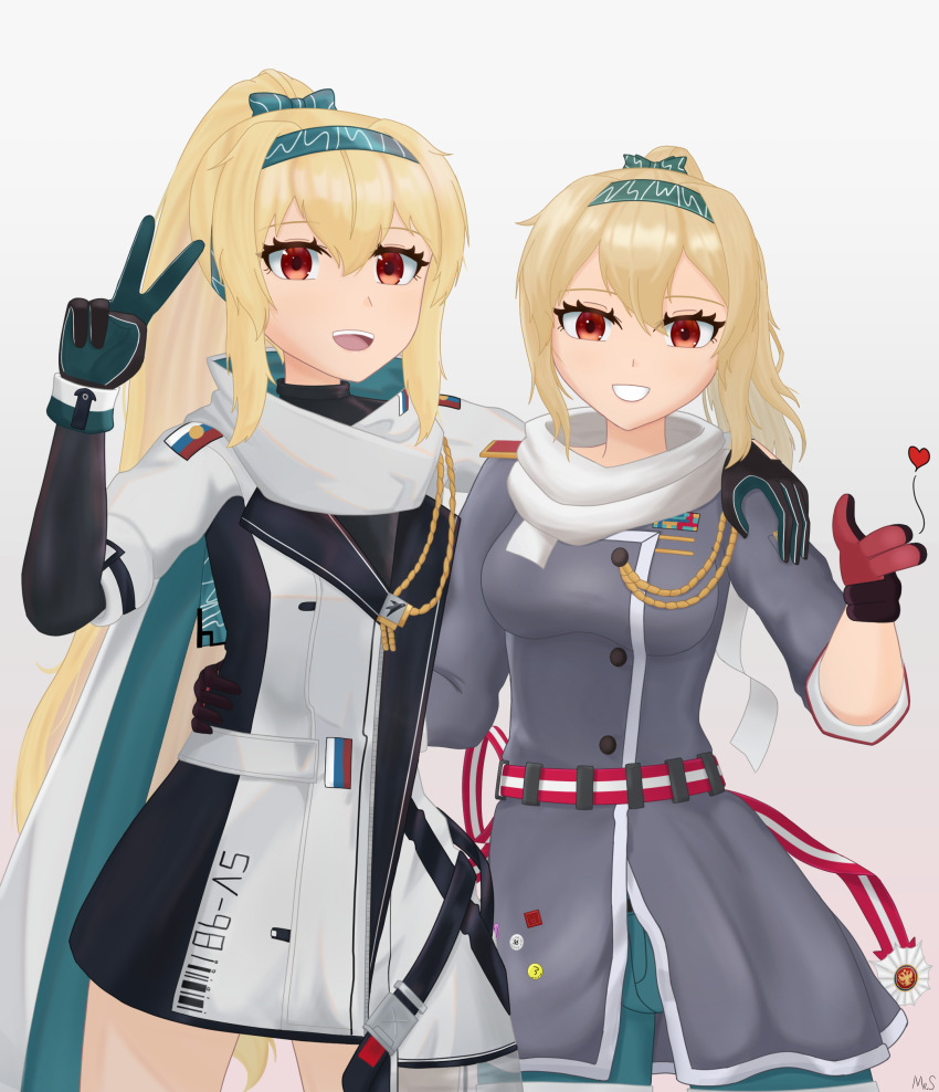 2girls absurdres blonde_hair bow finger_gun girls&#039;_frontline gloves hair_between_eyes hair_bow hairband heart highres jacket long_hair looking_at_viewer mr.something multiple_girls red_eyes russian_flag simple_background sv-98_(girls&#039;_frontline) sv-98_(mod3)_(girls&#039;_frontline) v white_jacket