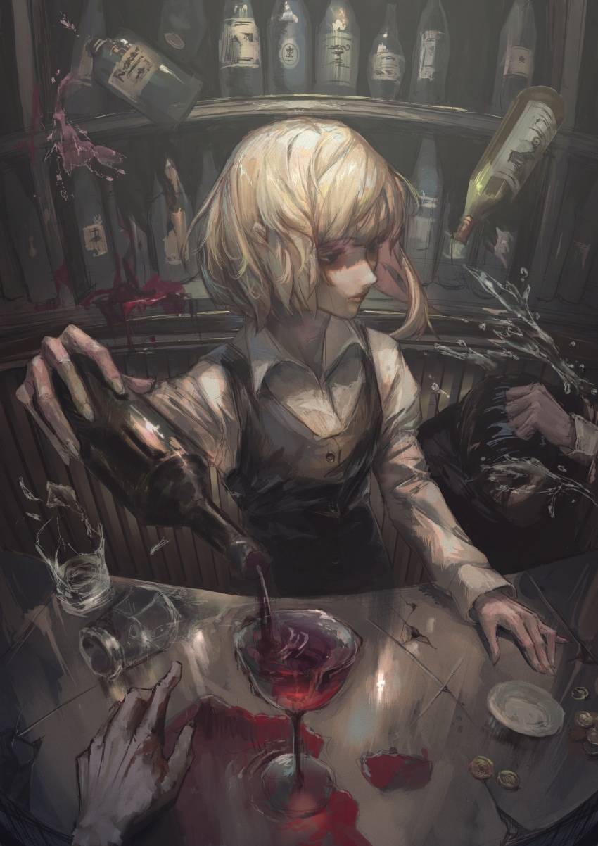 1girl 1other absurdres alcohol bartender blonde_hair bottle broken_glass coin crack cup disembodied_hand drinking_glass empty_eyes expressionless glass hand_on_table highres impasto neg_(101neg) original partially_shaded_face pouring red_wine shirt short_hair spill splashing white_shirt wine wine_bottle wine_glass