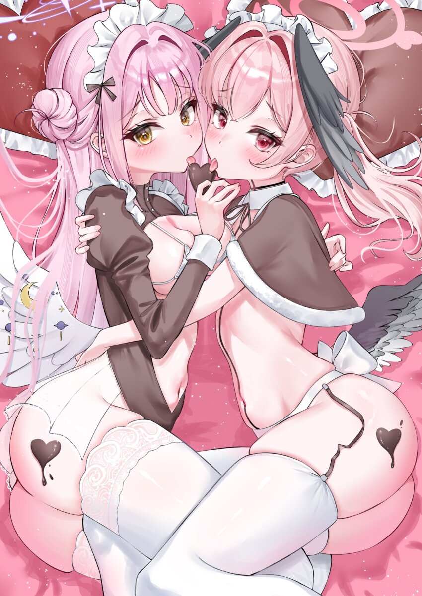 2025 2girls alternate_costume apron ass asymmetrical_docking back_bow bed_sheet black_bow black_choker black_wings blue_archive blunt_bangs blush bow breast_press breasts brown_capelet candy capelet chocolate chocolate_heart choker commentary dated_commentary detached_collar enmaided eyelashes feathered_wings feet_out_of_frame food frilled_pillow frills furrowed_brow garter_straps hair_between_eyes hair_bow hair_bun hair_intakes halo happy_valentine head_wings heart heart-shaped_food heart-shaped_pillow highres hug juliet_sleeves koharu_(blue_archive) large_breasts licking long_hair long_sleeves looking_at_viewer low_wings lying maid maid_apron maid_headdress mika_(blue_archive) multiple_girls navel no_headwear on_side panties pillow pink_hair pink_halo puffy_sleeves red_eyes ribbon single_side_bun skindentation small_breasts thighhighs thighs tongue tongue_out twintails underwear valentine wfa5051 white_bow white_panties white_ribbon white_thighhighs white_wings wings yellow_eyes