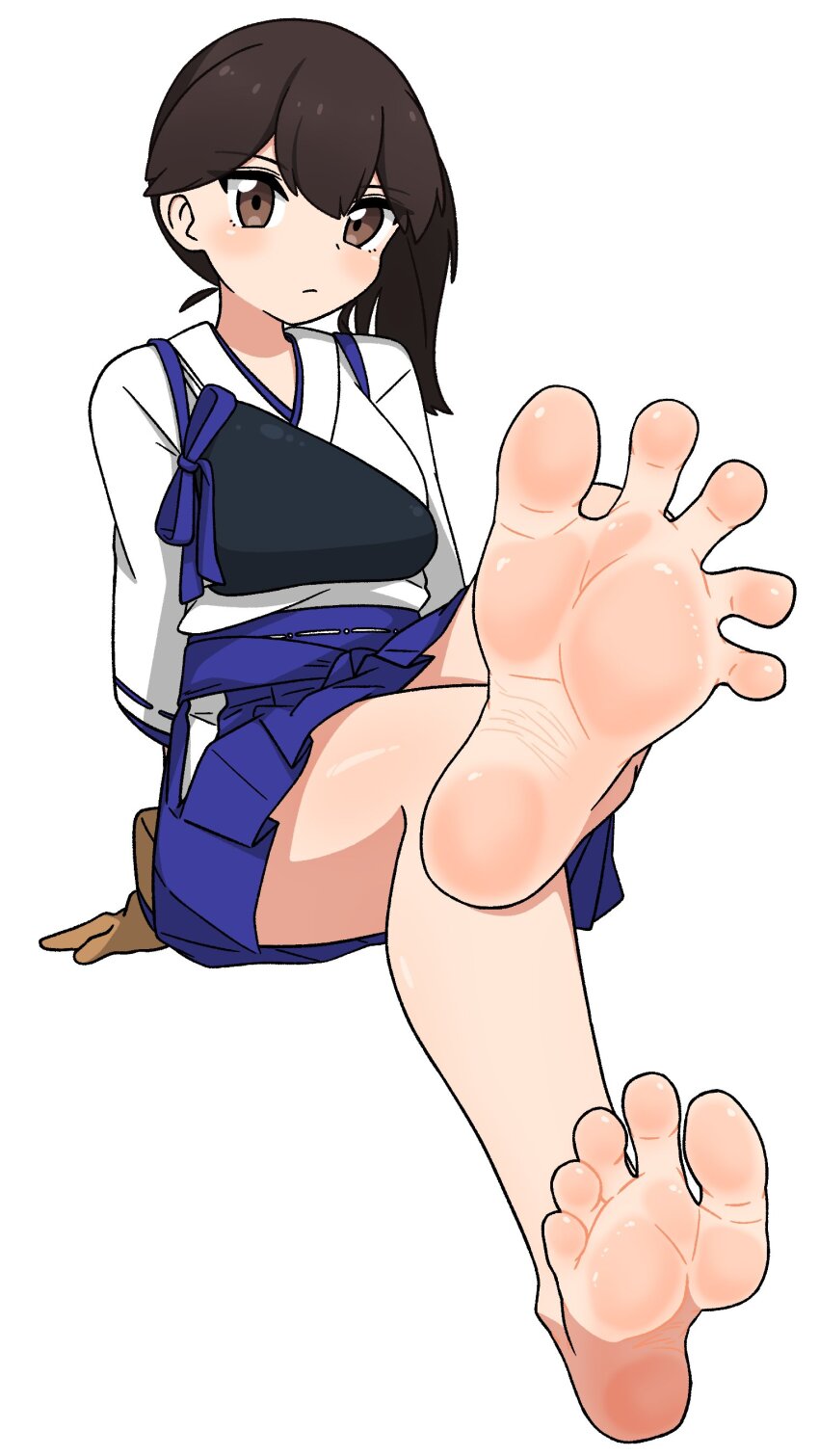1girl absurdres bare_legs barefoot blue_hakama blue_ribbon blue_skirt blush breasts brown_eyes brown_gloves brown_hair closed_mouth crossed_legs feet foot_focus foreshortening gloves hakama hakama_short_skirt hakama_skirt highres invisible_chair japanese_clothes kaga_(kancolle) kantai_collection looking_at_viewer medium_breasts nairo pleated_skirt ribbon short_sleeves side_ponytail simple_background sitting skirt soles solo spread_toes toes white_background